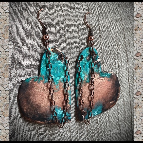 Copper Patina Abstract Heart Earrings - Picture 3 of 4